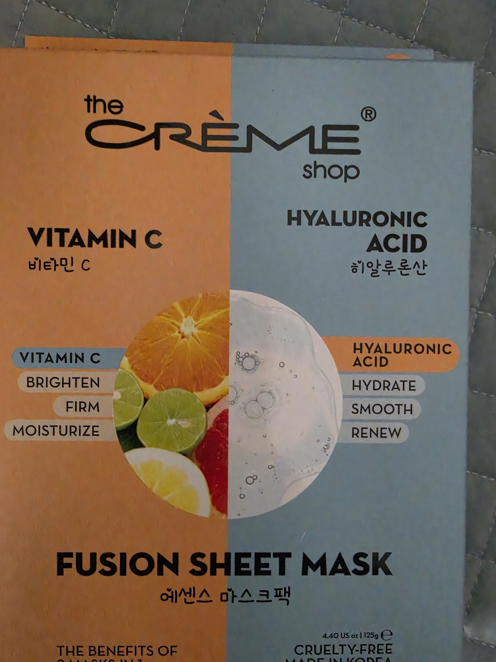the CRÈME shop Vitamin C & Hyaluronic Acid Fusion Sheet Mask - Orange/Blue 5 Pc